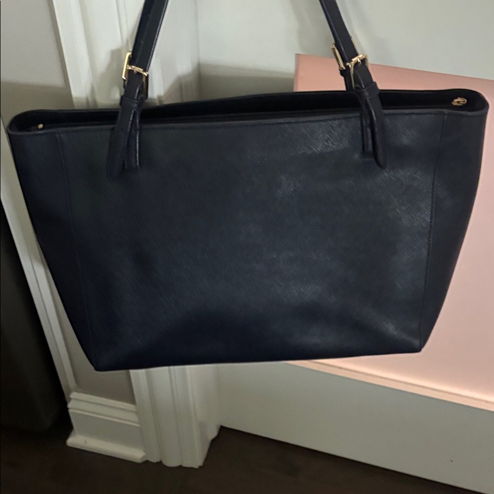Tory Burch NAVY  Leather Tote with Gold Logo - Picture 4 of 16